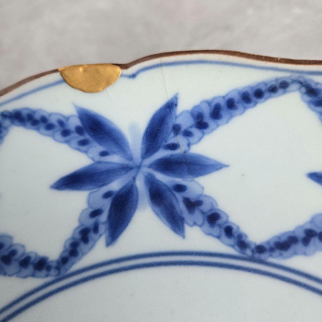 古伊万里　染付　七寸皿　藤　江戸時代　金直し　骨董　金継ぎ　アンティーク　五弁花