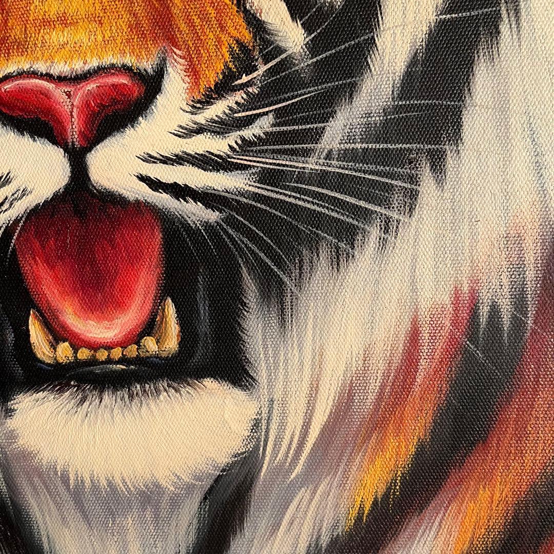 ★秀作★手書き油絵 タイガー（虎） 額付 絵画 インテリア 油彩画