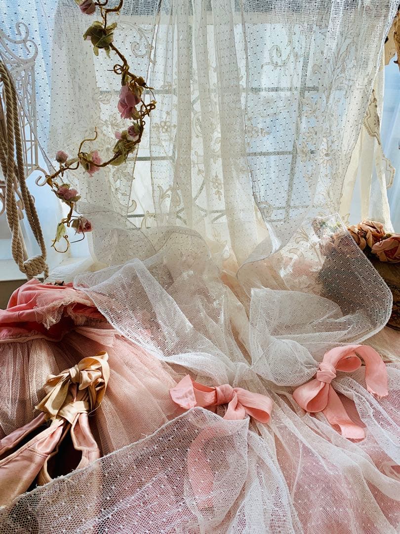 フランスアンティークドット柄チュールレースロングカーテン3枚set※古色ホワイト