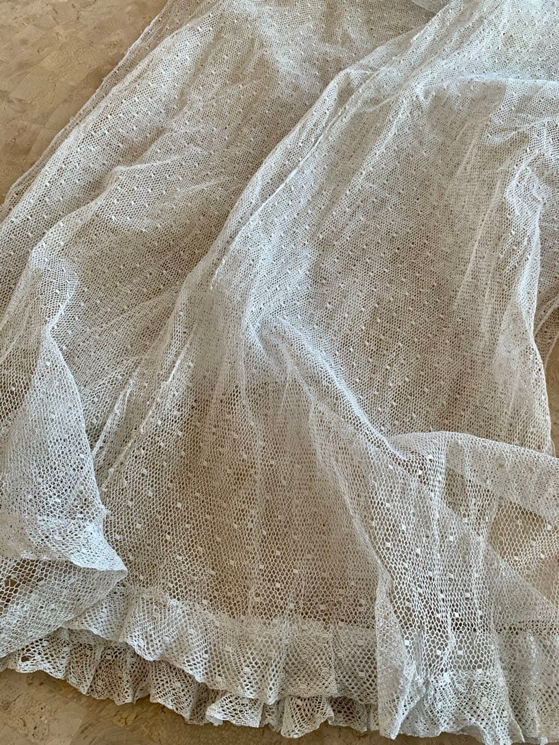 フランスアンティークドット柄チュールレースロングカーテン3枚set※古色ホワイト