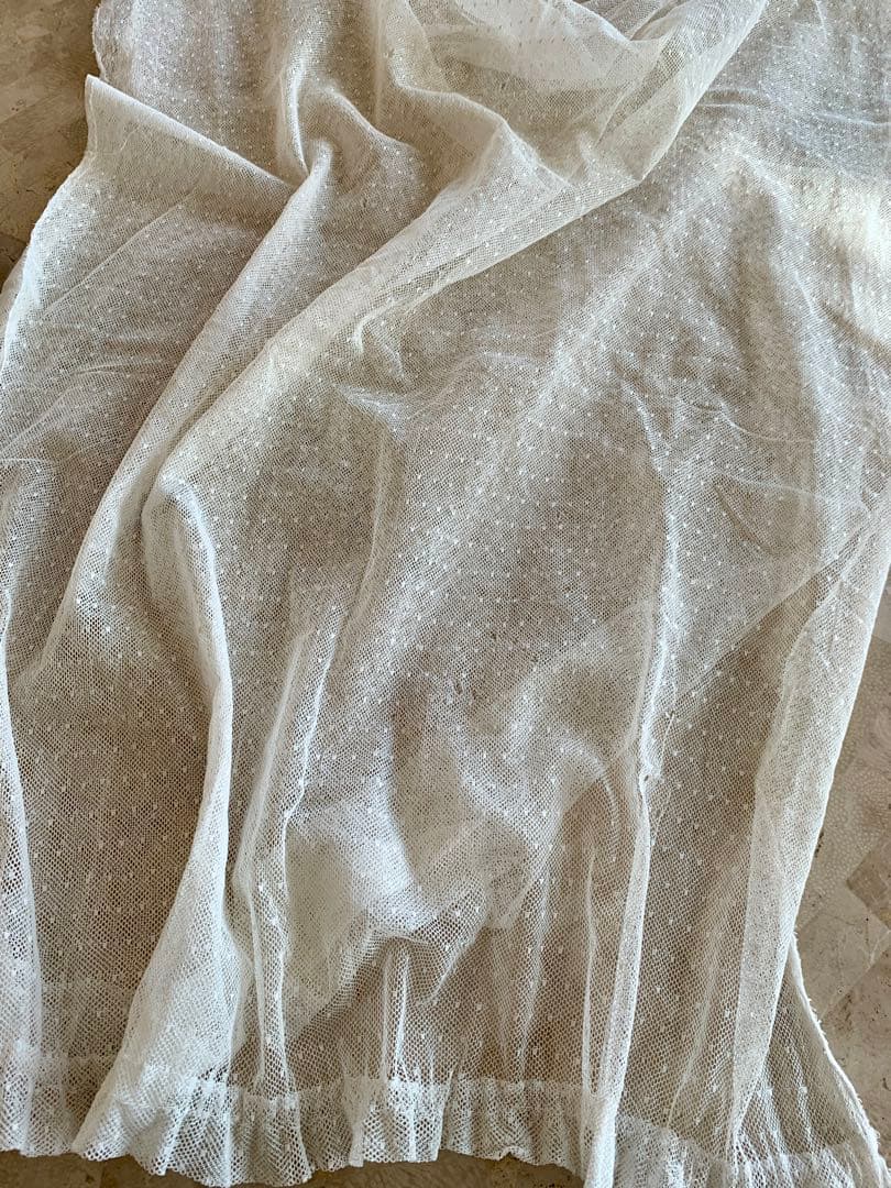 フランスアンティークドット柄チュールレースロングカーテン3枚set※古色ホワイト