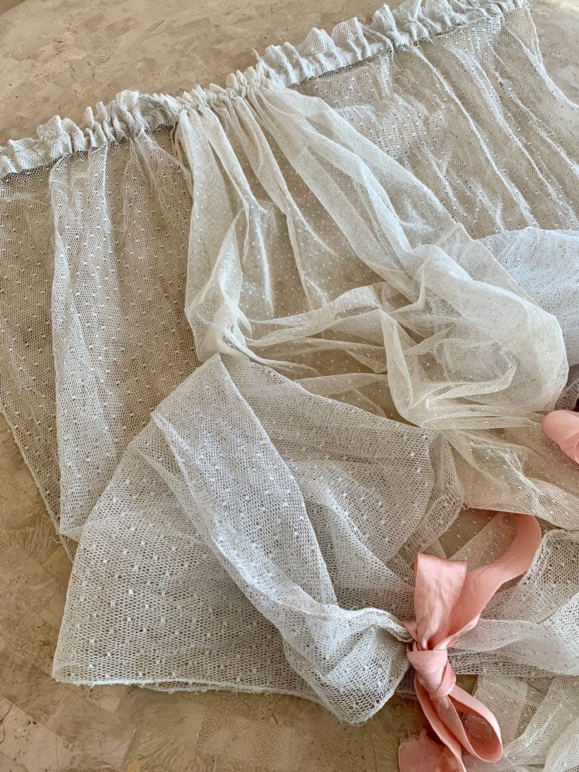 フランスアンティークドット柄チュールレースロングカーテン3枚set※古色ホワイト