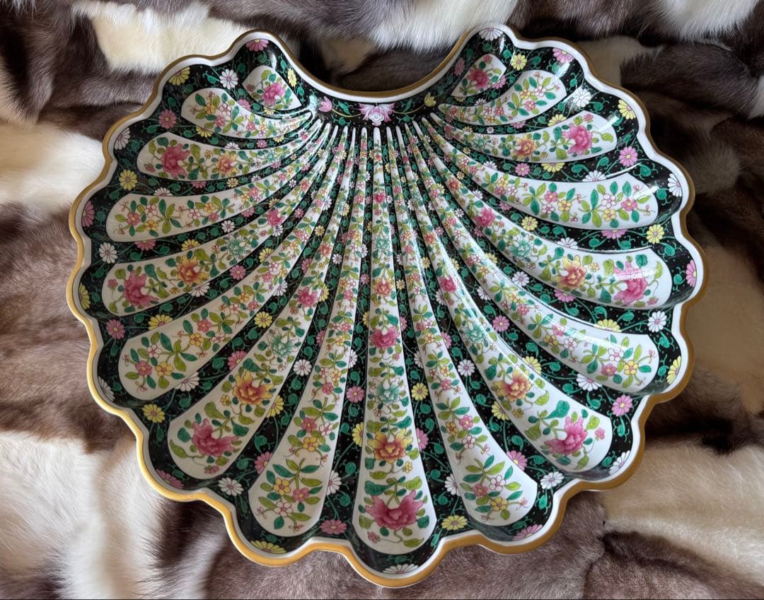 HEREND ヘレンド　西安の黒　41cm脚付き貝形大鉢シェルトレイ　マンダリン