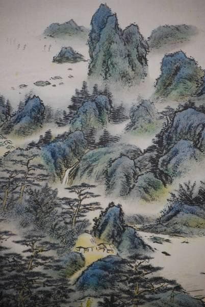 真作/米島光清/高雲気静/青緑山水人物/桐共箱二重箱付/布袋屋掛軸HC-738