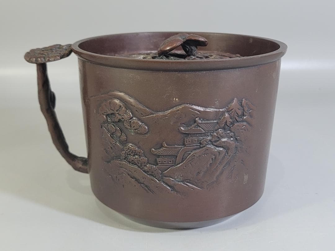 煎茶 銅 楼閣山水紋 霊芝手付 建水 琢斎造 DT322