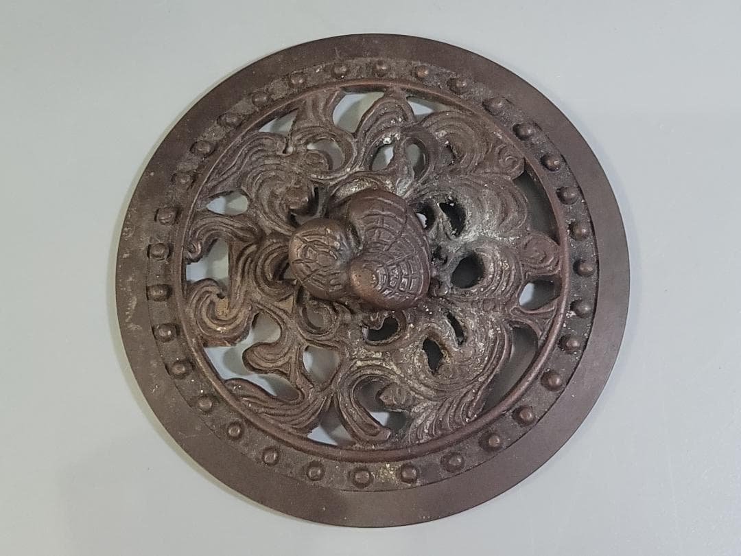 煎茶 銅 楼閣山水紋 霊芝手付 建水 琢斎造 DT322