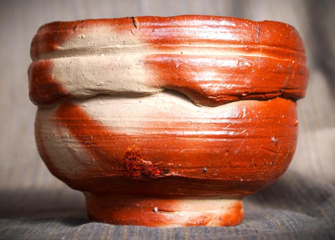 希少作★原田拾六★備前【緋襷】茶碗★共箱・布