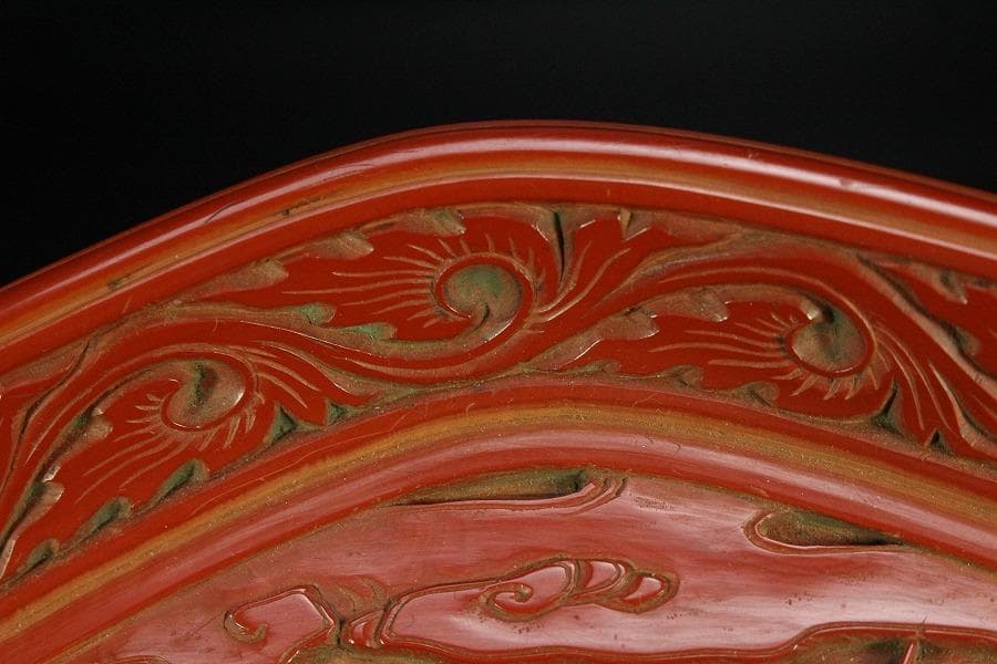 仿古 堆朱 刻 梅下女人紋 菱盆(K-LC479)