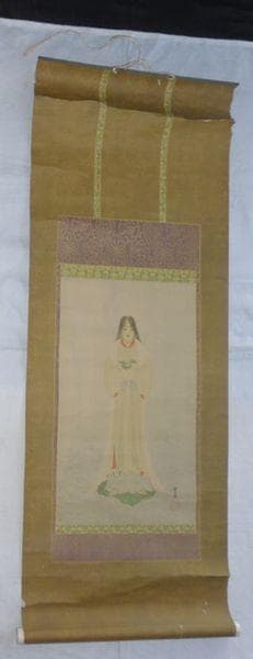 稀少 ヴィンテージ 木村武山 蚕神 天照大御神 天照大神 女神 神画 紙本 掛軸