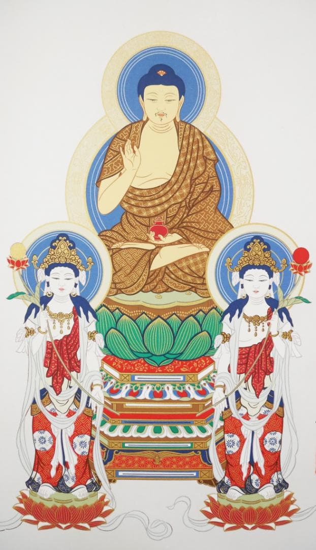 状態良品★【西国四十九薬師霊場御寶印と三尊仏】◆絹本肉筆　共箱付　仏画　掛軸