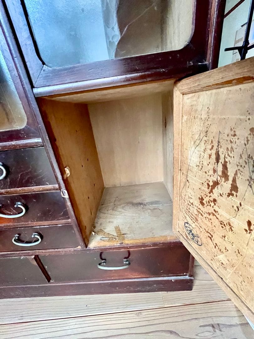 昭和レトロ 茶箪笥 水屋箪笥 ガラス戸収納棚 和家具 ヴィンテージ