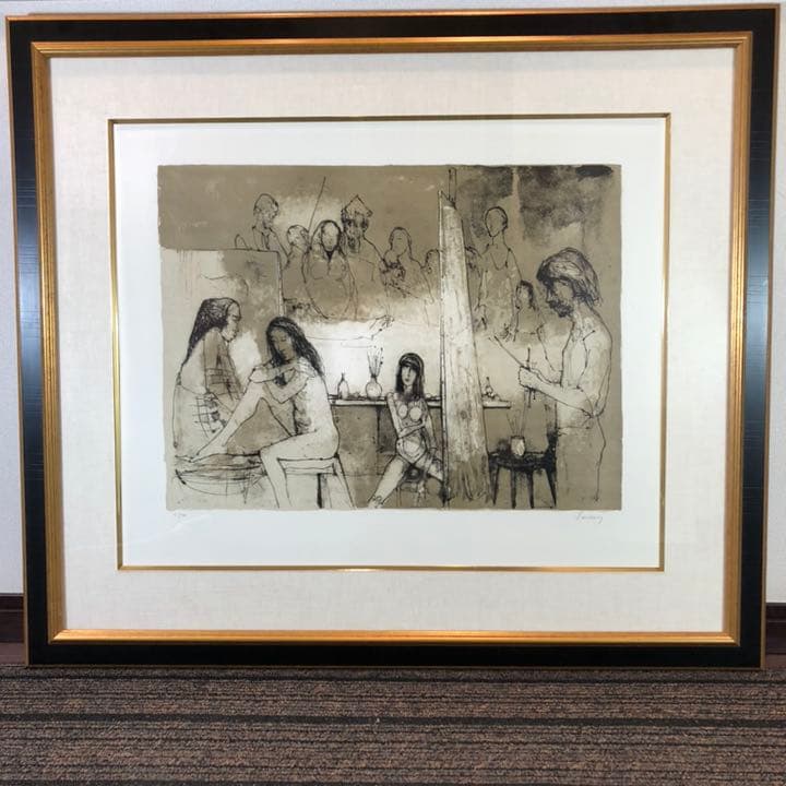 ジャン・ジャンセン「アトリエにいる画家」 リトグラフ　額縁付絵画