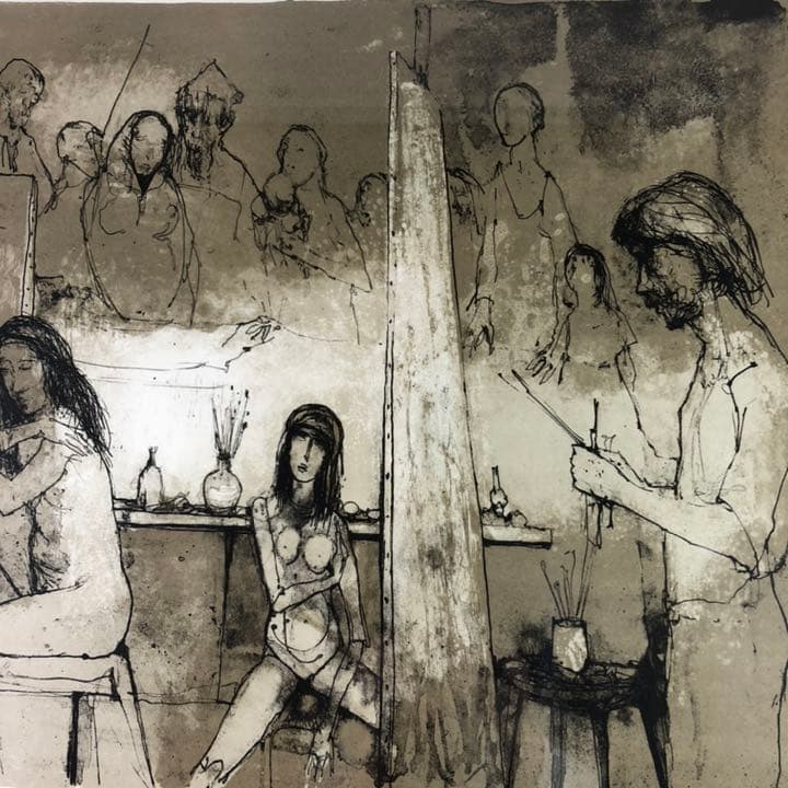 ジャン・ジャンセン「アトリエにいる画家」 リトグラフ　額縁付絵画