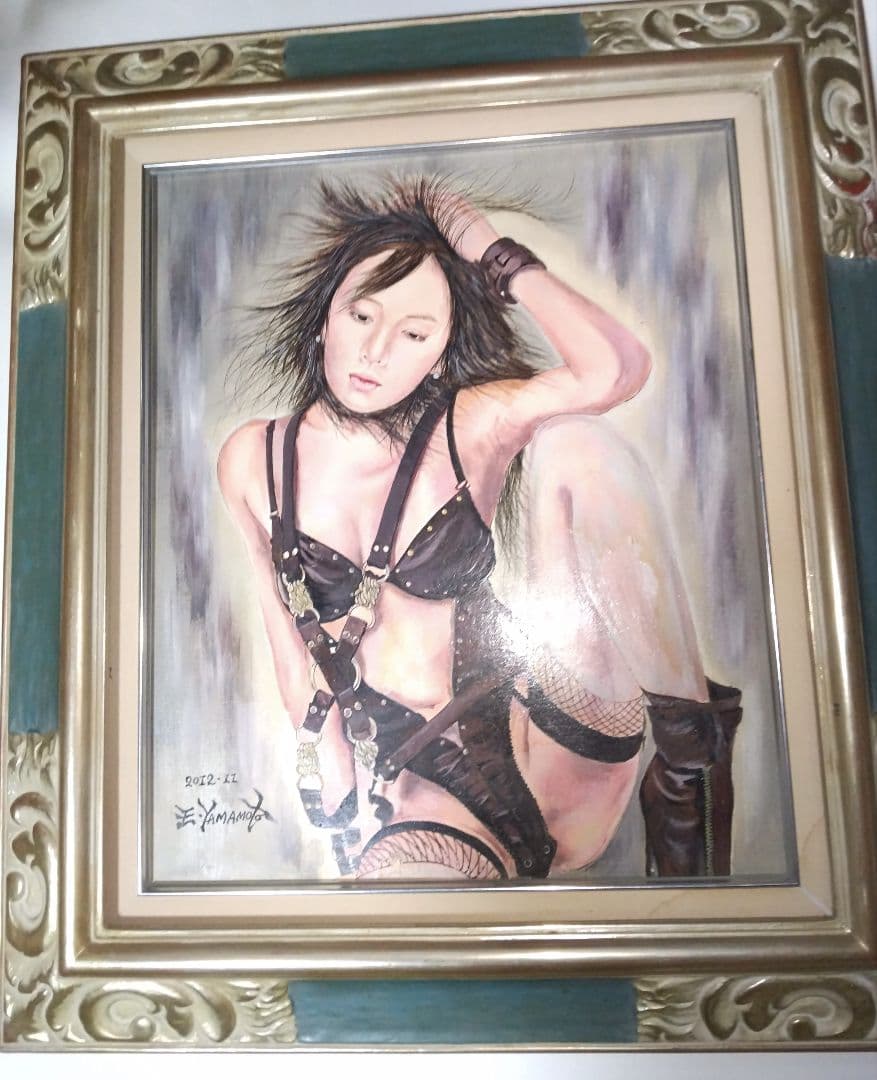 山本英二、絵画油彩８号、裸婦、美人画、ボンテージ、k真作、肉筆、高級額縁