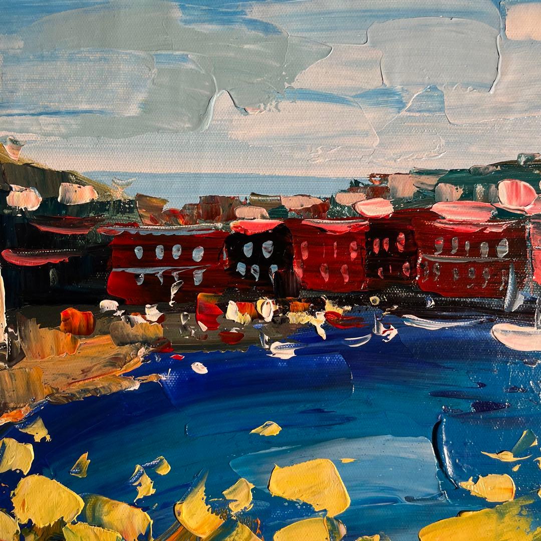 手書き油絵 地中海の風景 額付 肉筆絵画 インテリア 油彩画