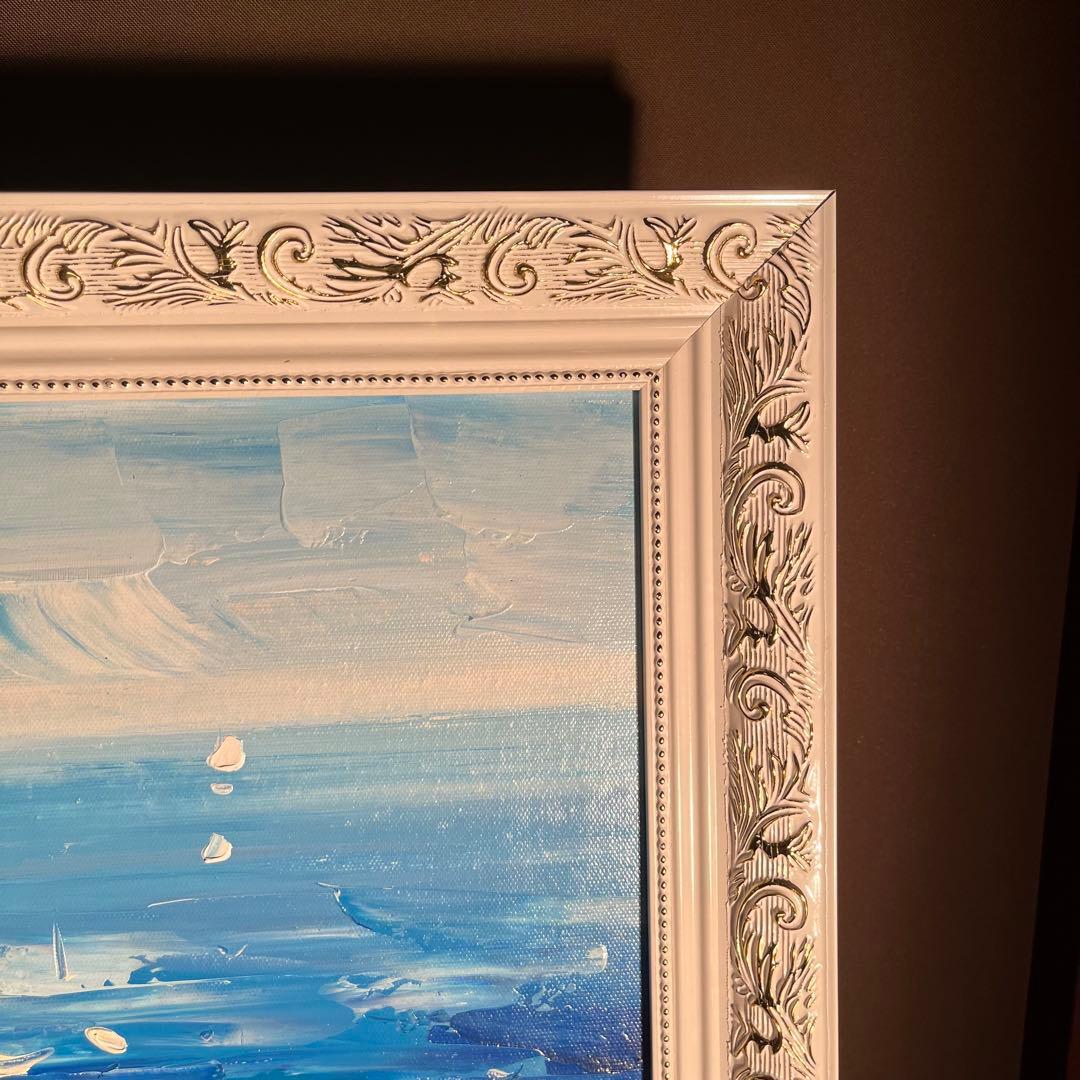 手書き油絵 地中海の風景 額付 肉筆絵画 インテリア 油彩画