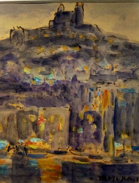 「マルセイユの丘、ノートルダム・ド・ラ・ガルド寺院」 田村孝之助　肉筆　水彩