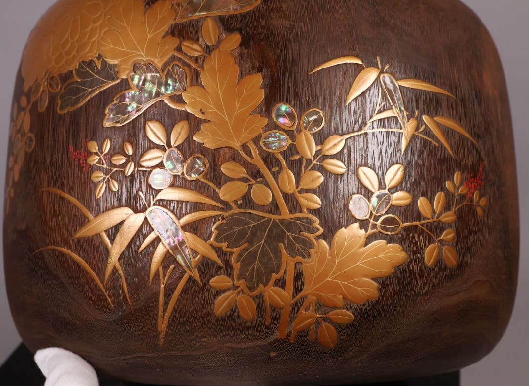 花鳥蒔絵 螺鈿細工 桐火鉢 幅31cm 高20cm 金蒔絵 漆芸 草花【MB68