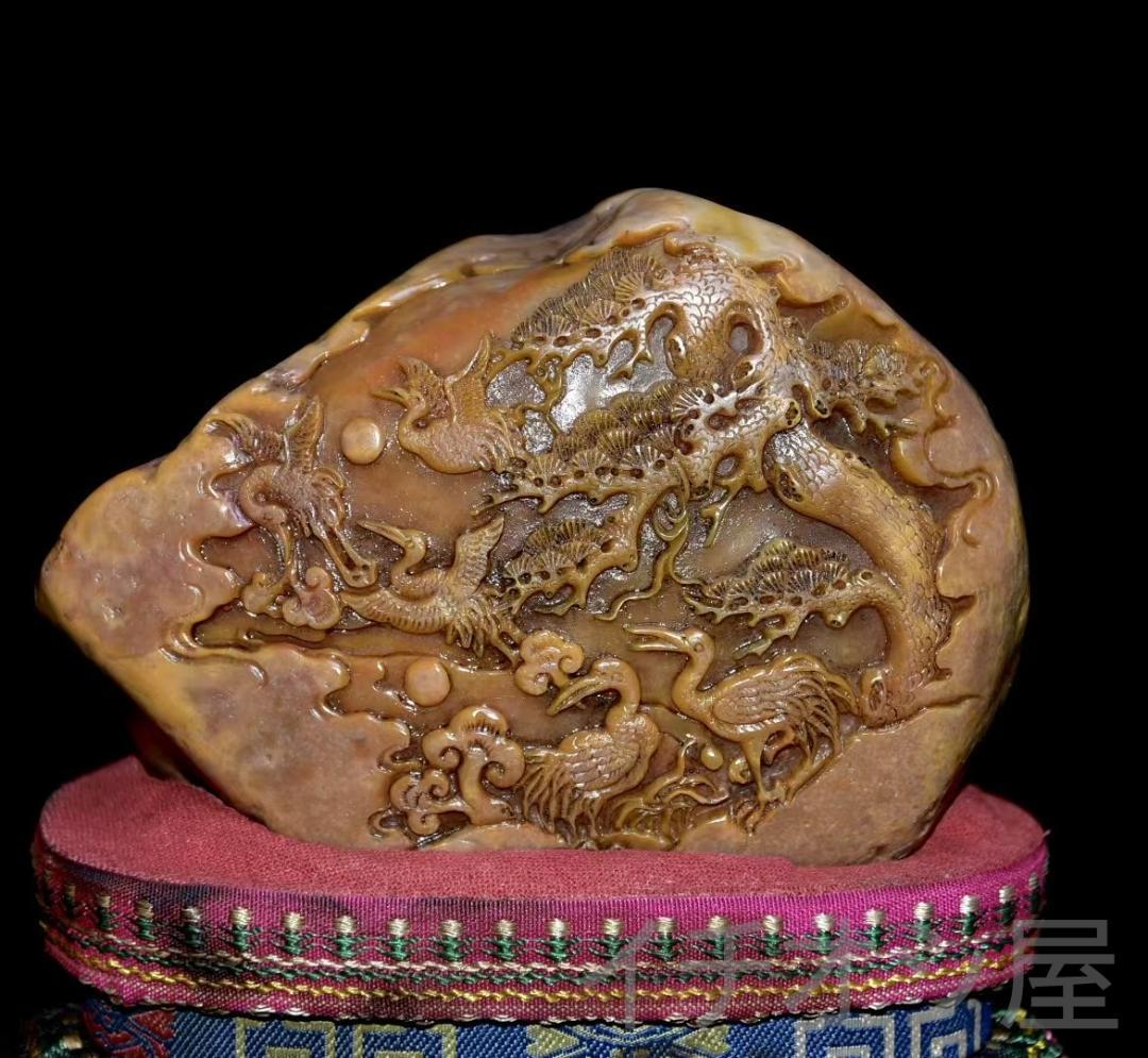 旧藏珍品【松鶴延年】印鑑｜寿山石原石の印章｜天然石｜細密彫｜開運置物｜台座付き