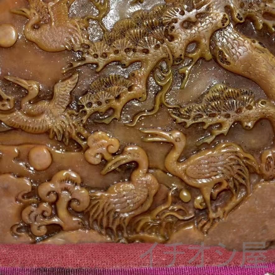 旧藏珍品【松鶴延年】印鑑｜寿山石原石の印章｜天然石｜細密彫｜開運置物｜台座付き
