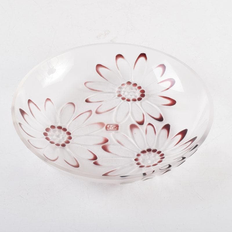 ガラス工芸　荒木良忠作　玻璃彫刻　銅赤花ノ輪文皿　共箱　C　9155