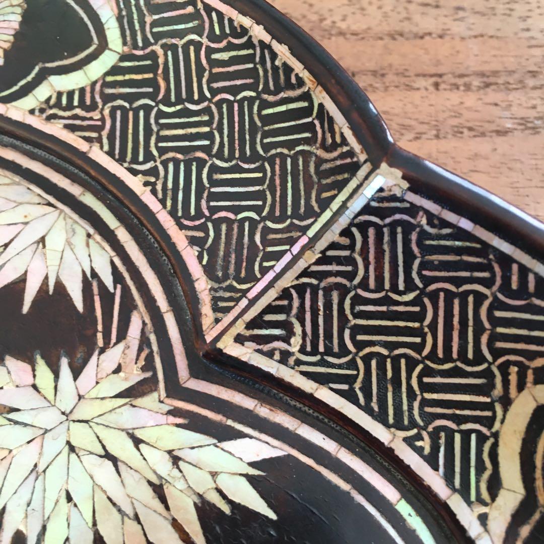 青貝瑞鳥花の図　木瓜形　香合盆　螺鈿細工　共箱