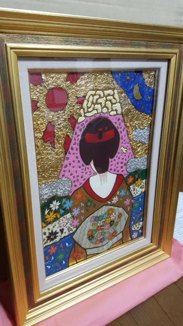 【真作】 大杉真司　「見つめて富士左馬」　油彩 ＋ 金箔・プラチナ箔