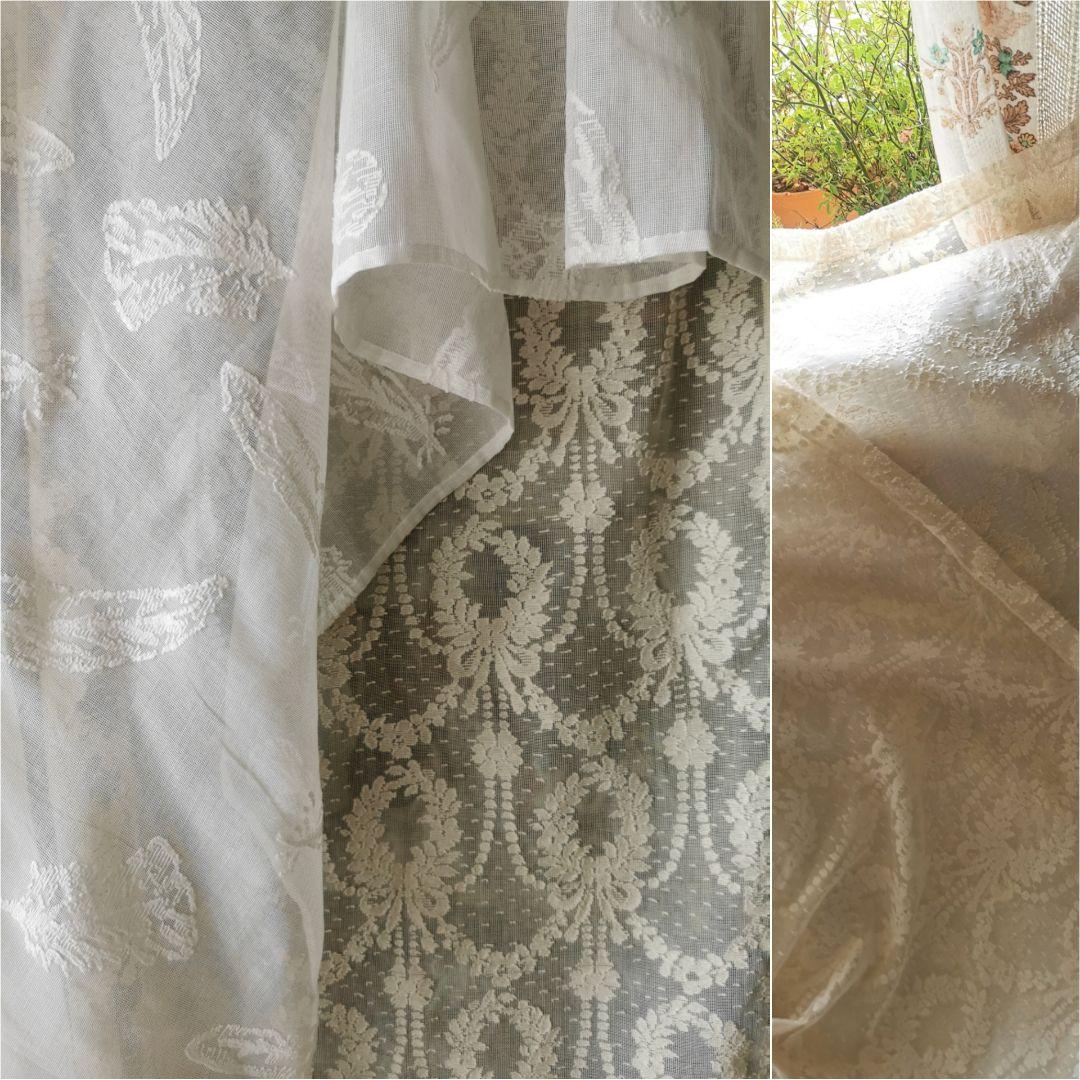 アンティークノッティンガムマドラスレース 美しい花冠リボン 幅広カーテンパネル