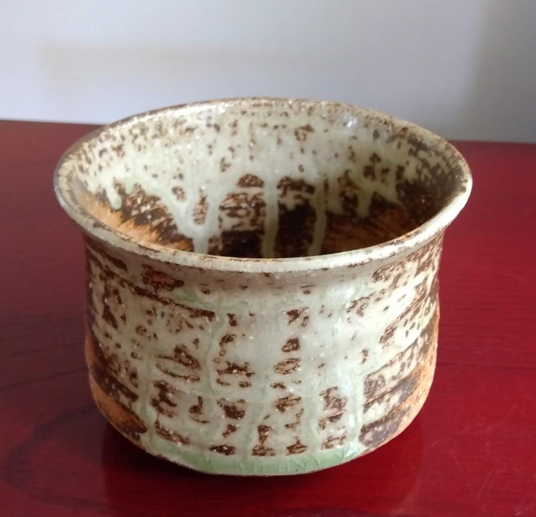 越前焼名工　桝田屋光生 自然灰釉ビードロ模様美還元窯変の究極美が迸る逸品 筒茶碗