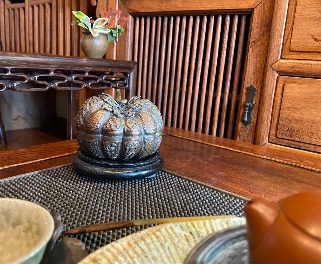 銅銀メッキ　パンプキンBox鑑賞台座付 ヴィンテージ　レア 中国　台湾茶器