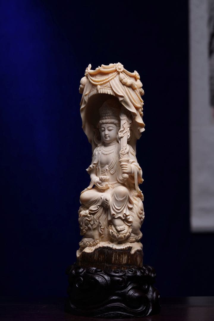 天然マンモス牙精巧な手作り彫刻文殊菩薩 置物