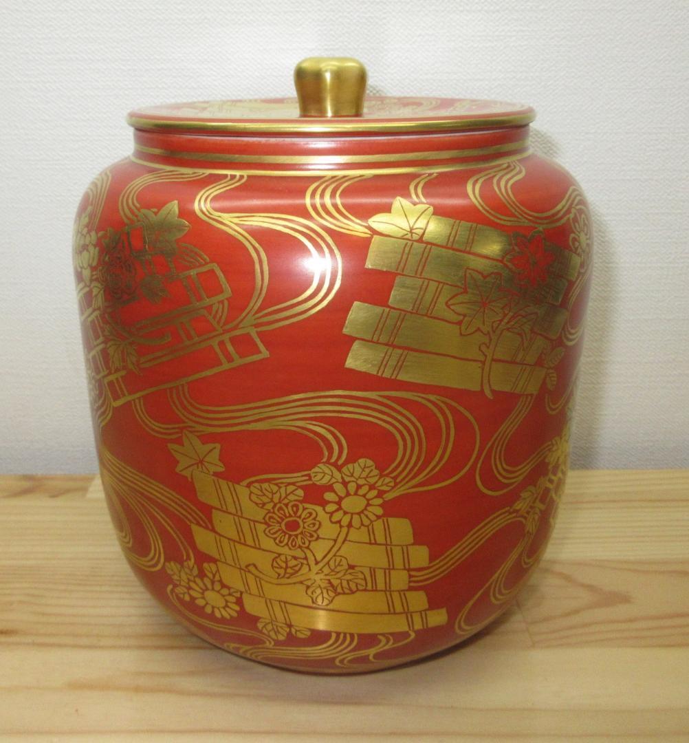 送料込【逢絢亭・新品】茶道具 水指 京焼 朱欄手 花筏の図 五山窯 林淡幽 共箱