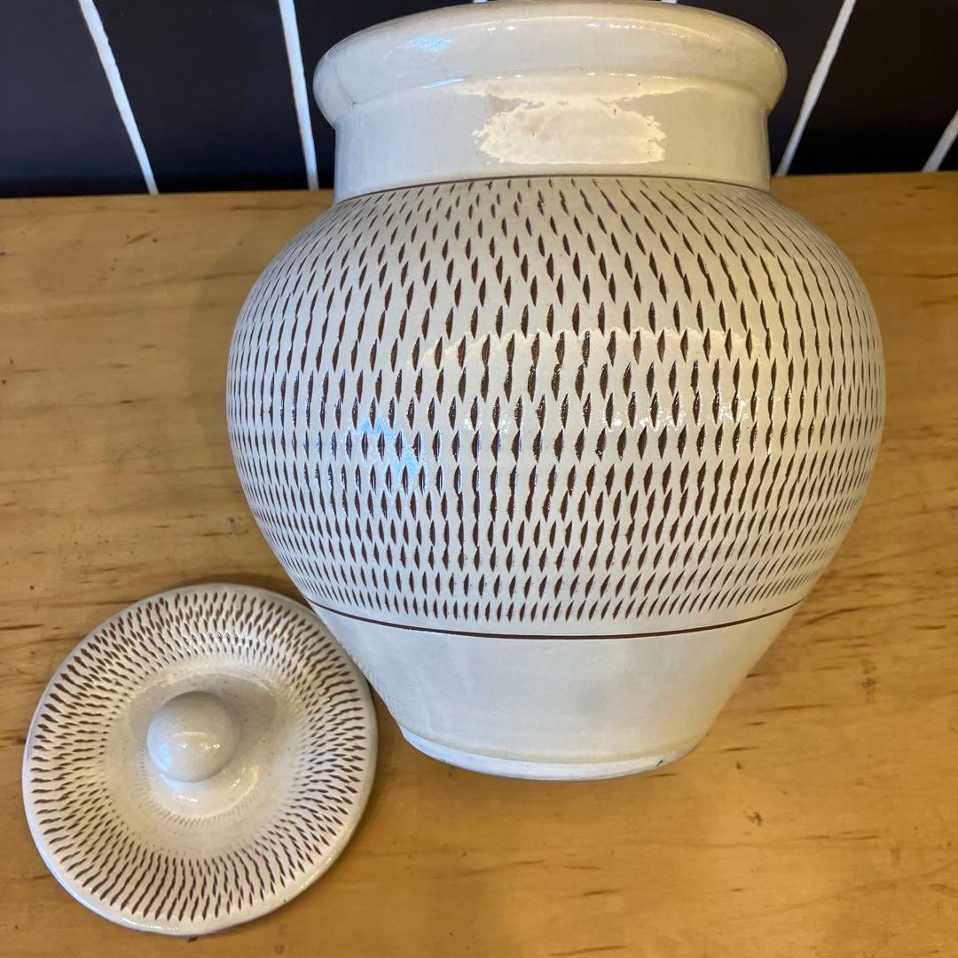 小代焼ふもと窯　井上泰秋作！壺蓋付き飛び鉋【民藝ビンテージ】小鹿田焼（おんたやき