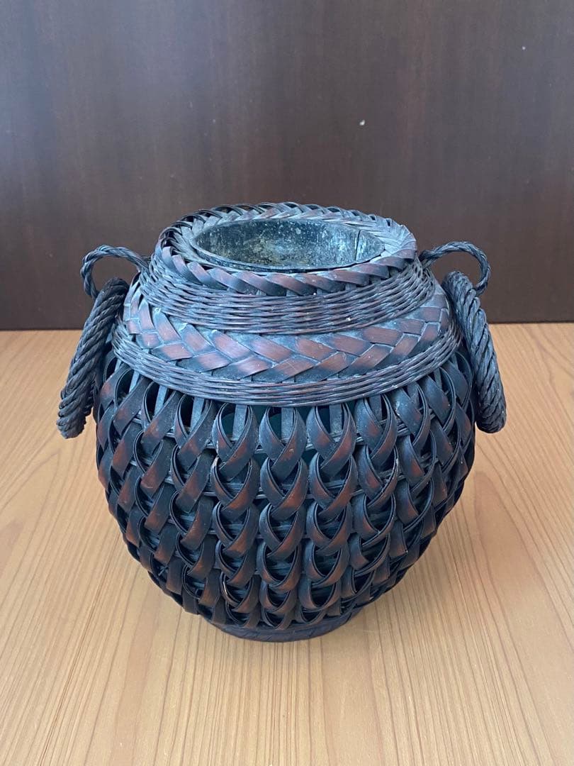 華道具 祥鳳作 遊環付 双耳 竹編花籠