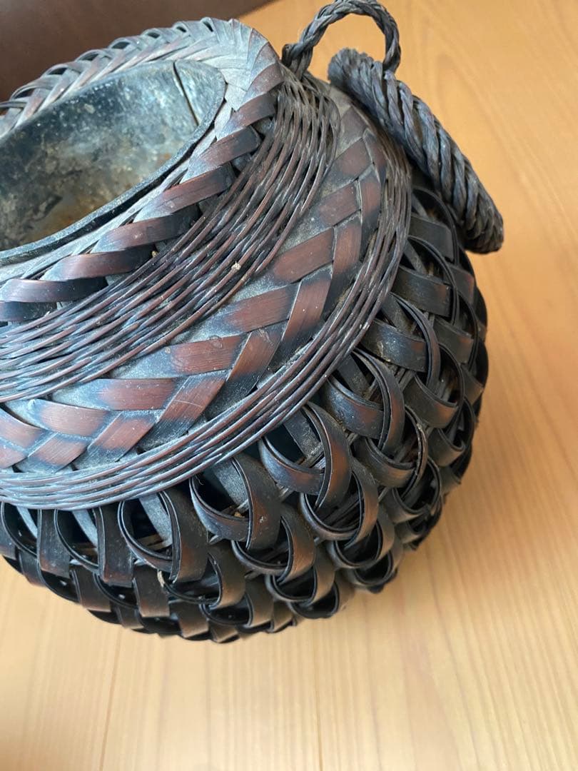 華道具 祥鳳作 遊環付 双耳 竹編花籠