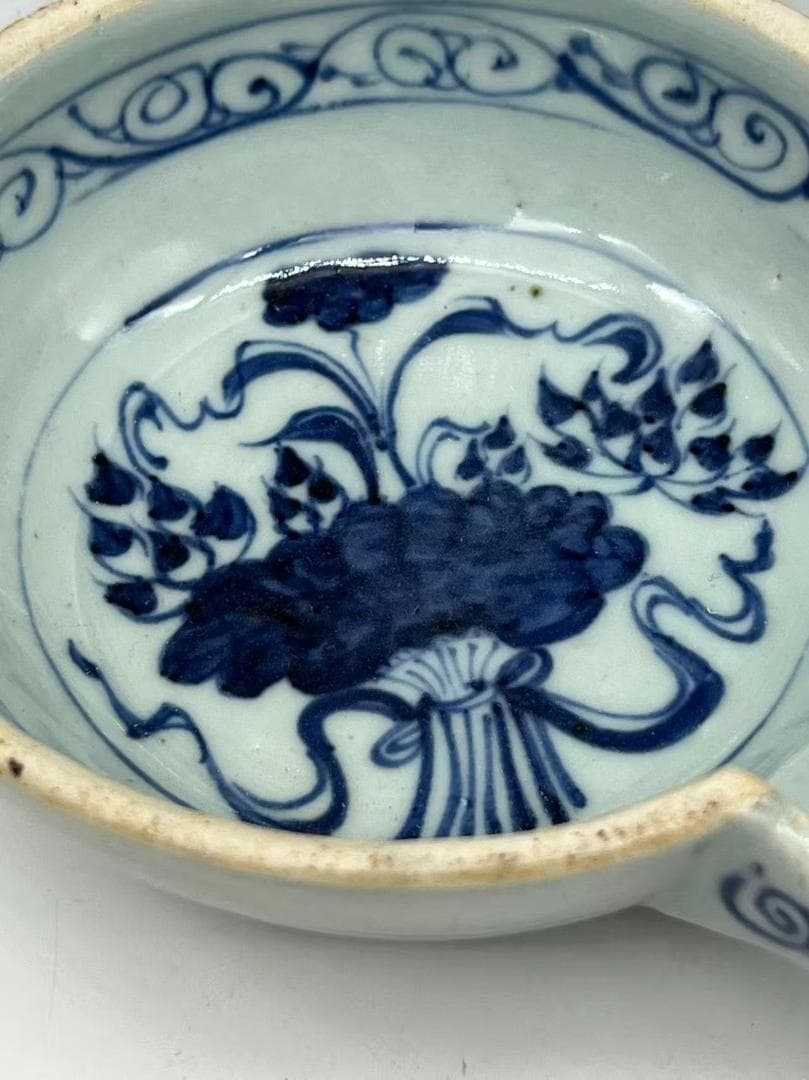 元時代　染付青花蓮池唐草文洗　輪花盤　古染付皿　唐物　古賞物(A-107)