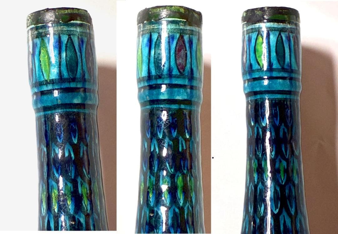 ターコイズグリーンに黒や色とりどりの細首ボトル❁幾何学的 うろこ模様（少し漏れ有