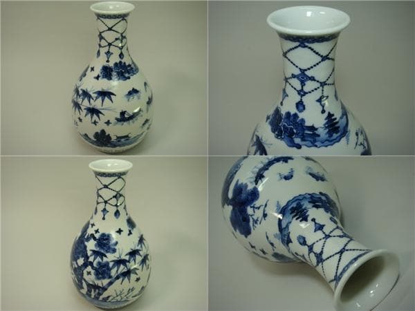 花瓶■幹山伝七 染付徳利花器 松竹梅紋 山水 箱付き 古美術 時代物 骨董品■