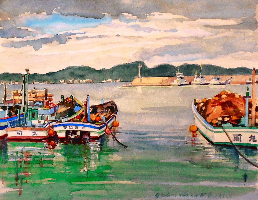 係留船 水彩画 原画 F６号