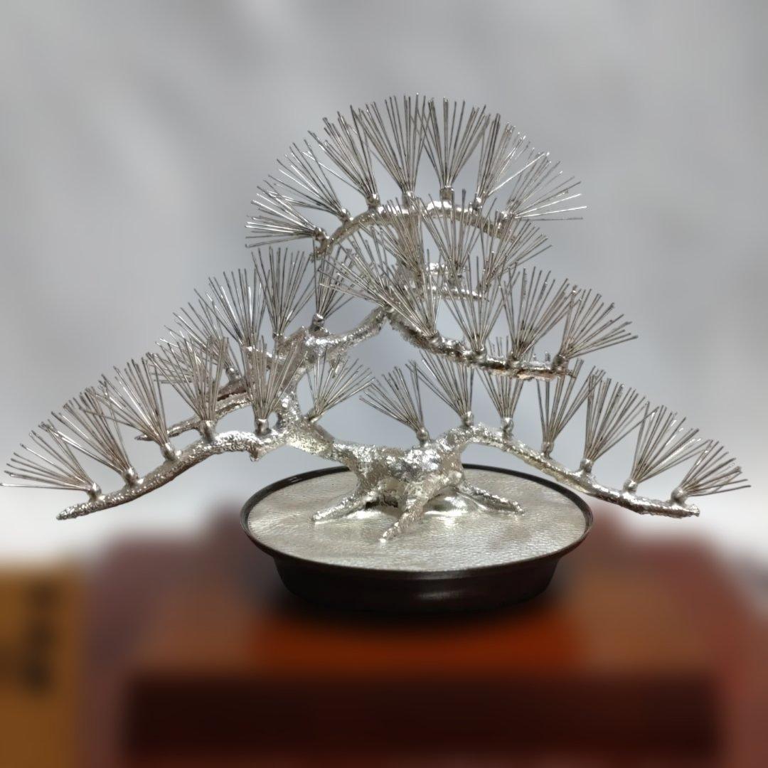 h*中様 純銀製 光則作 盆栽 2号「松」ガラスケース・紙箱付き