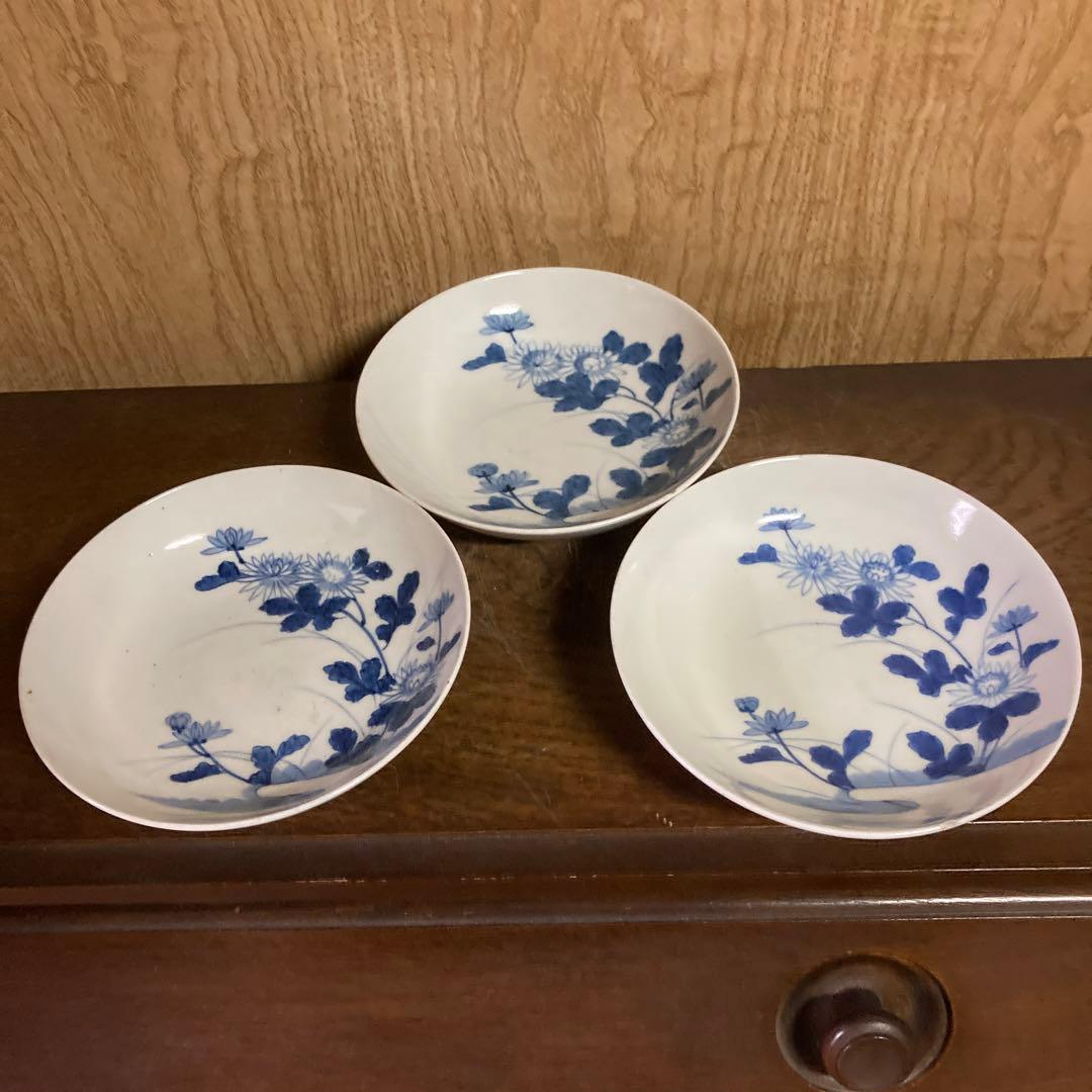 鍋島焼　古鍋島　染付　五寸皿　菊花七宝文　五客揃