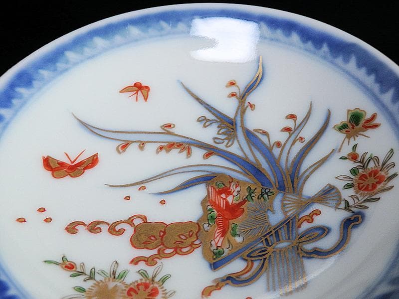 古伊万里　染錦　扇に蘭　蝶に撫子の図　４寸皿　５枚　D756AS-fbjc