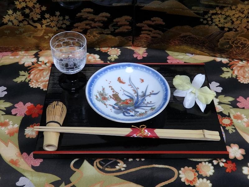 古伊万里　染錦　扇に蘭　蝶に撫子の図　４寸皿　５枚　D756AS-fbjc