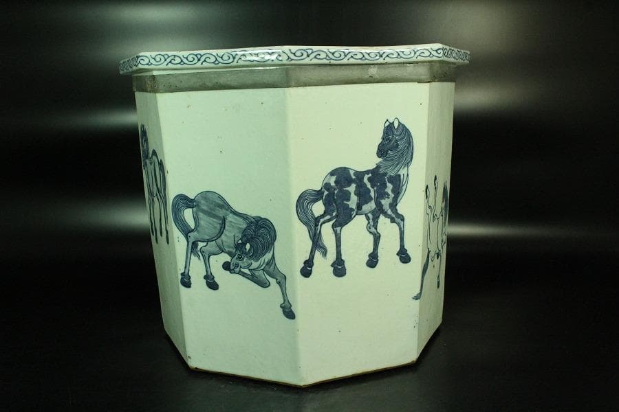 中国美術 青花 馬紋 八方器 高30cm 水屋鉢伝来 成化年製 款 K-A866