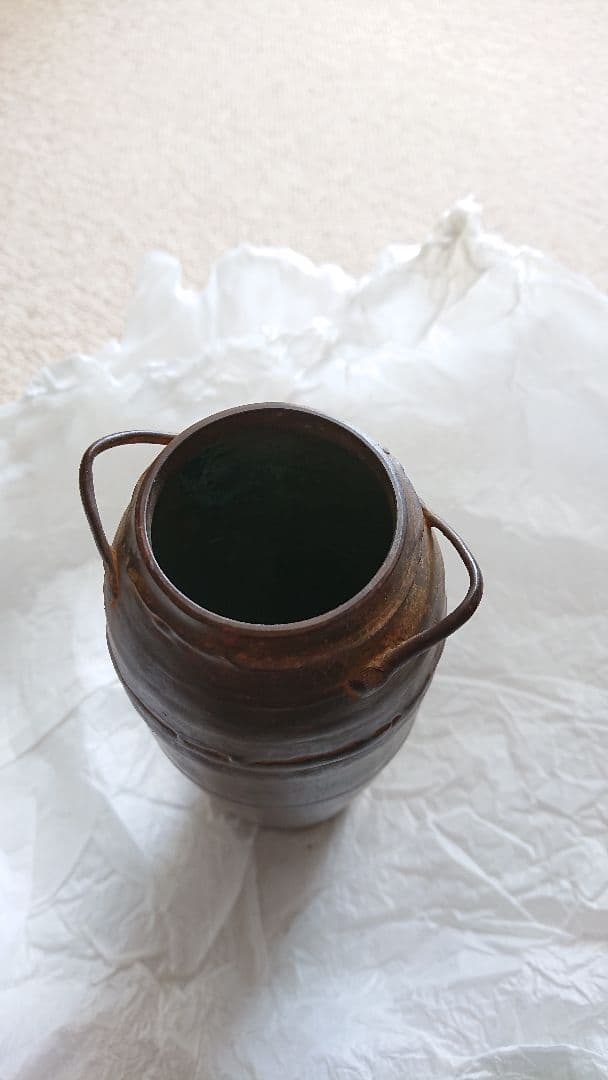 二代 須賀松園 氏作 蠟型 鋳造 素文 花生 共箱入り