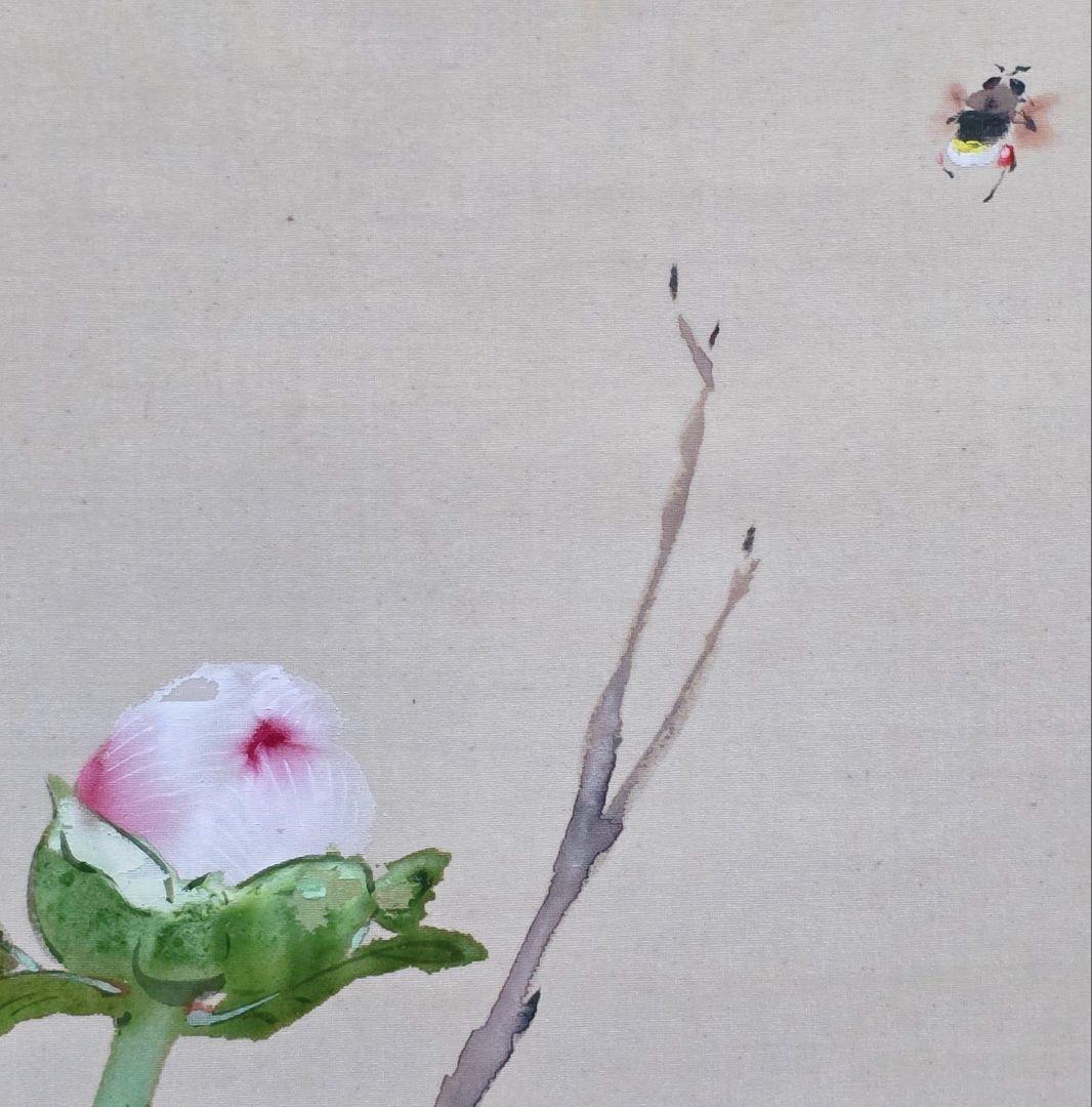 【牡丹】武田鼓葉 2722 白ボタンに蜂 掛け軸 共箱 肉筆