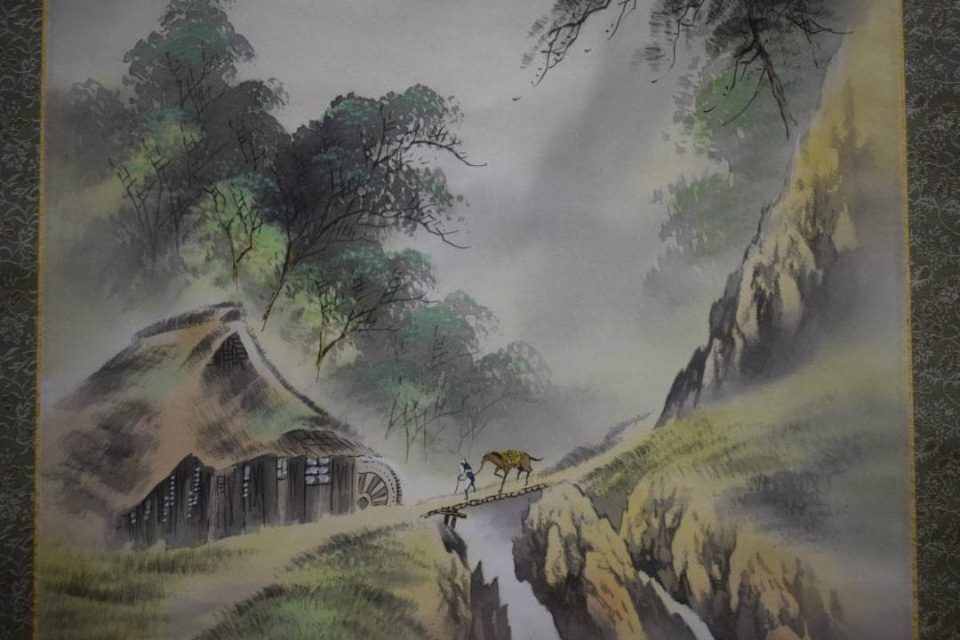 真作/田中祥堂/彩色山水図/桐共箱付/布袋屋掛軸HH-986