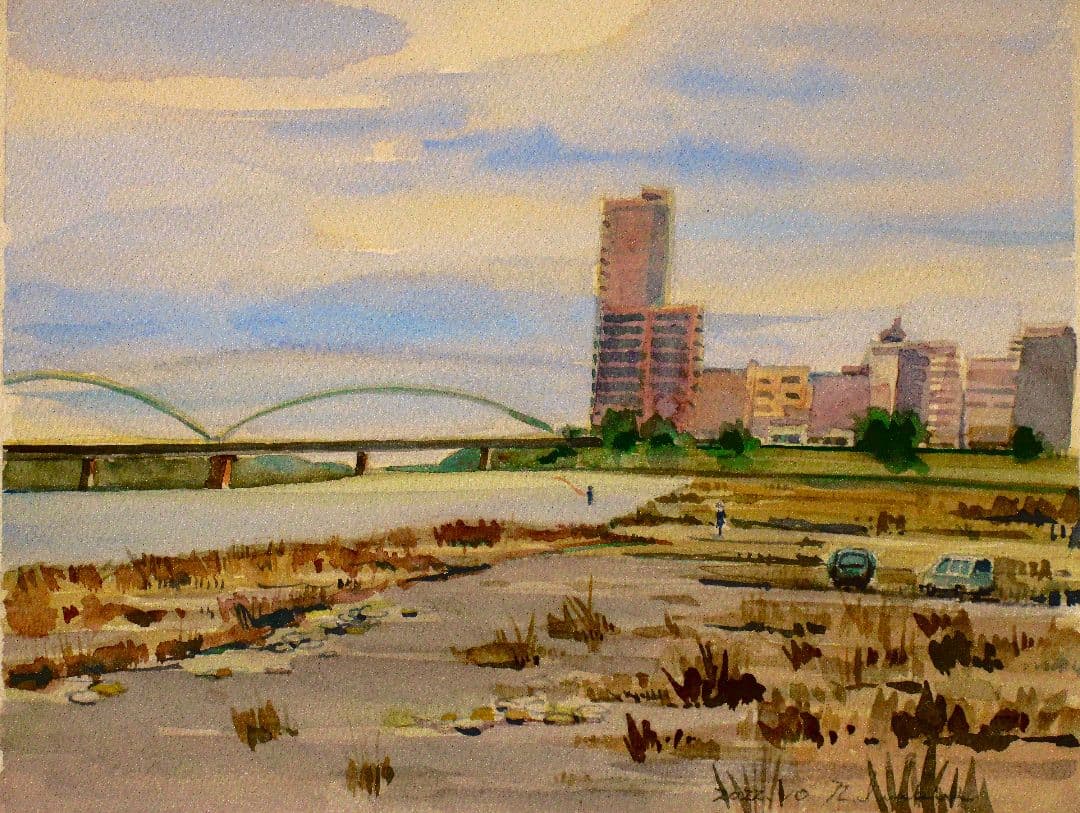 水彩画 都市の川沿いの風景 額装済み 原画 F6サイズ