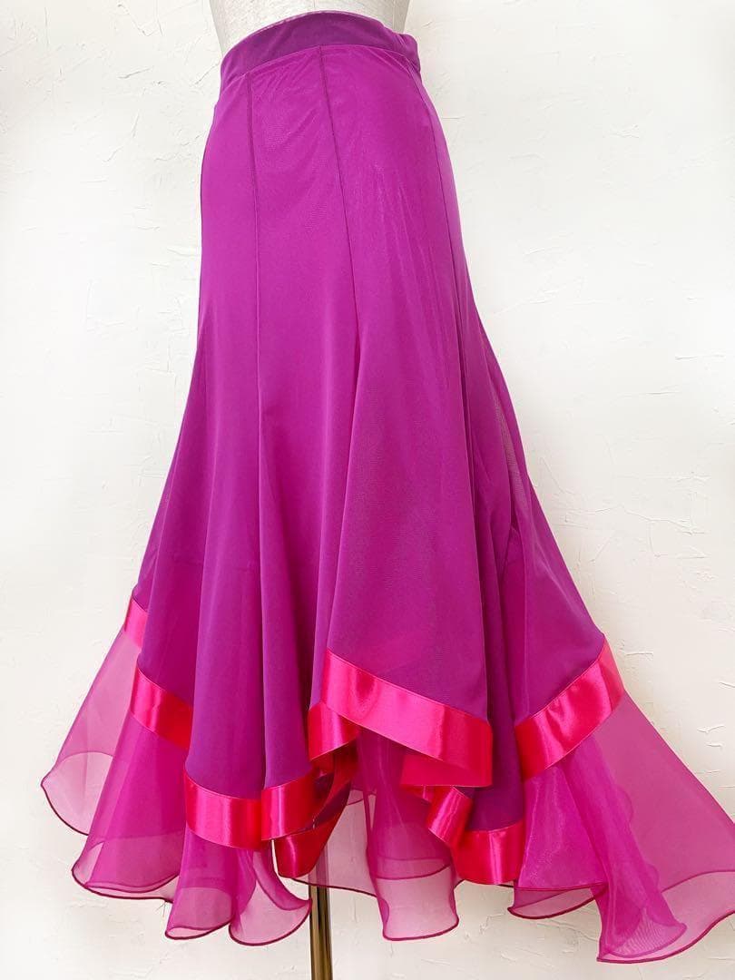 フーシャピンク　新作 社交ダンス用裾サテンテープ 　ロングフレアスカートｄ071
