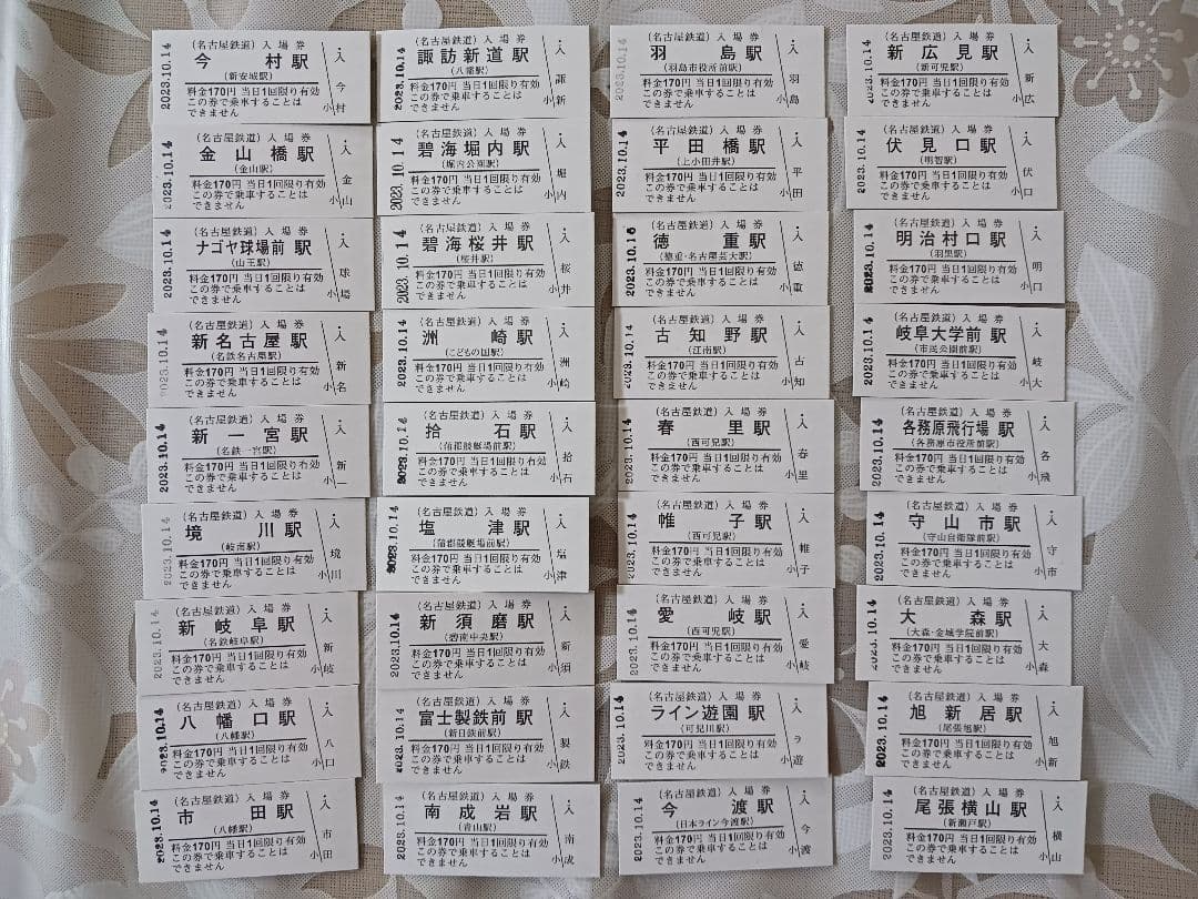 名鉄　旧駅名称硬券入場券　３６駅完セット